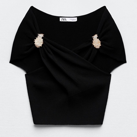 NWT Zara Black Knit Golden Brooch Top. Size L. - Picture 6 of 10